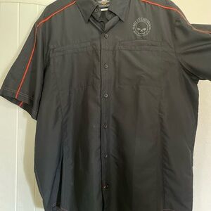 Black Harley Davidson Button-Up Shirt with Red Accents